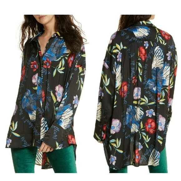 Free People Women's Black/Multi Floral Silky Nights Oversized Blouse Size XS/TP - Picture 2 of 12